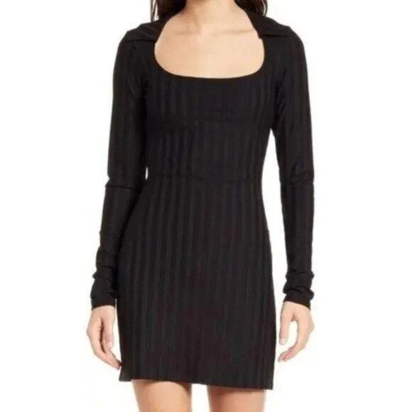 NWT Reformation Vittoria Black Ribbed Long Sleeve Collar Mini Dress $128 - Picture 2 of 14